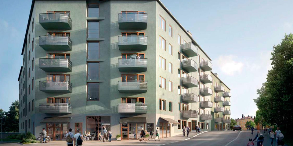 Flerbostadshus i vinkel, sett från korsning. Människor i rörelse, illustration.